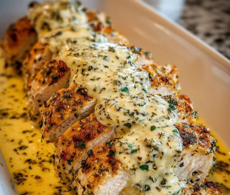 Baked Caesar Chicken served with creamy Parmesan sauce on a plate.