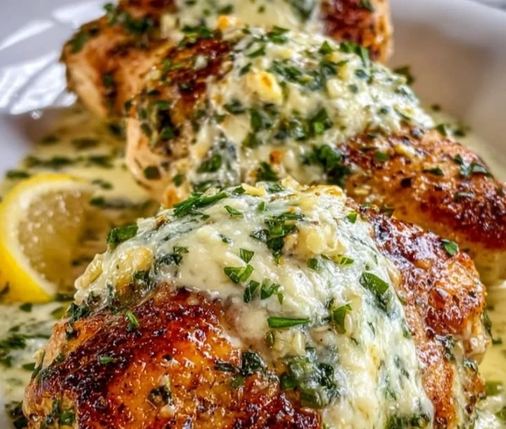 Delicious baked cream cheese chicken served with herbs and spices.