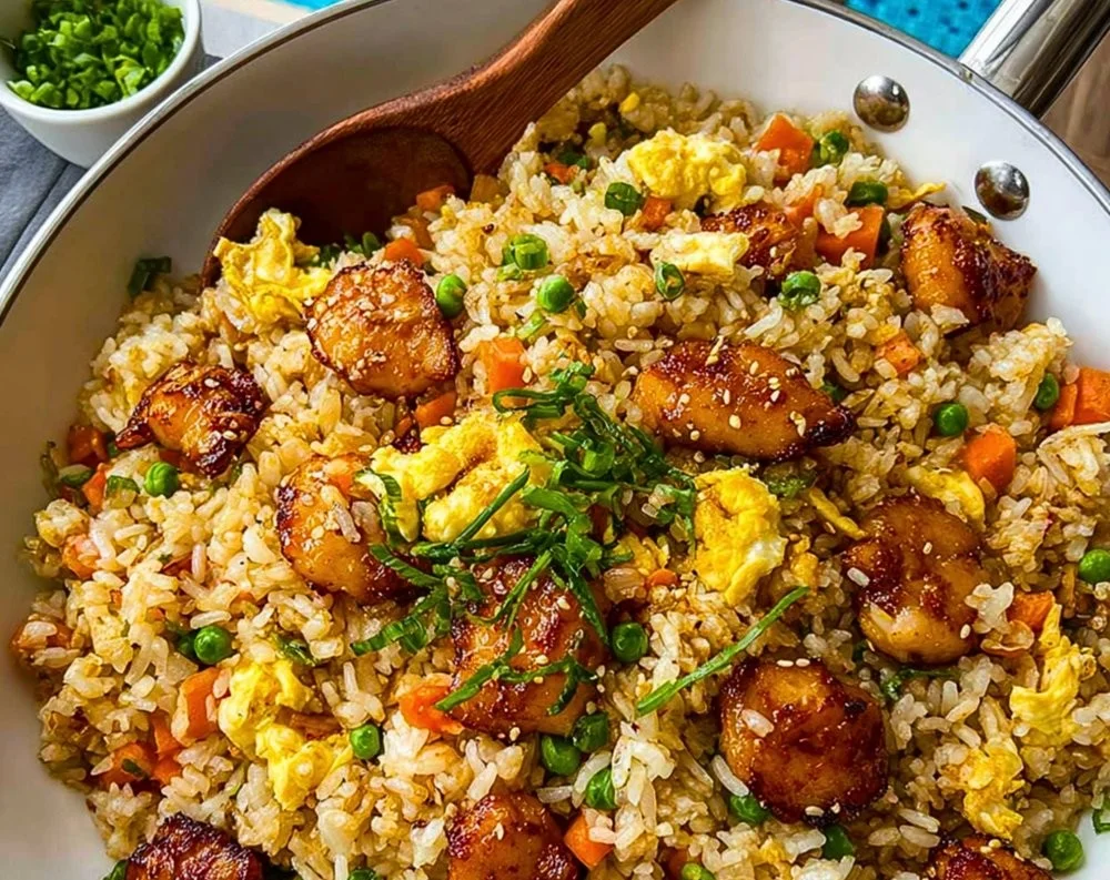 Plate of Bang Bang Fried Rice with vibrant vegetables and spices