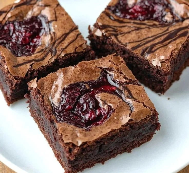 Delicious raspberry swirl brownies topped with fresh raspberries