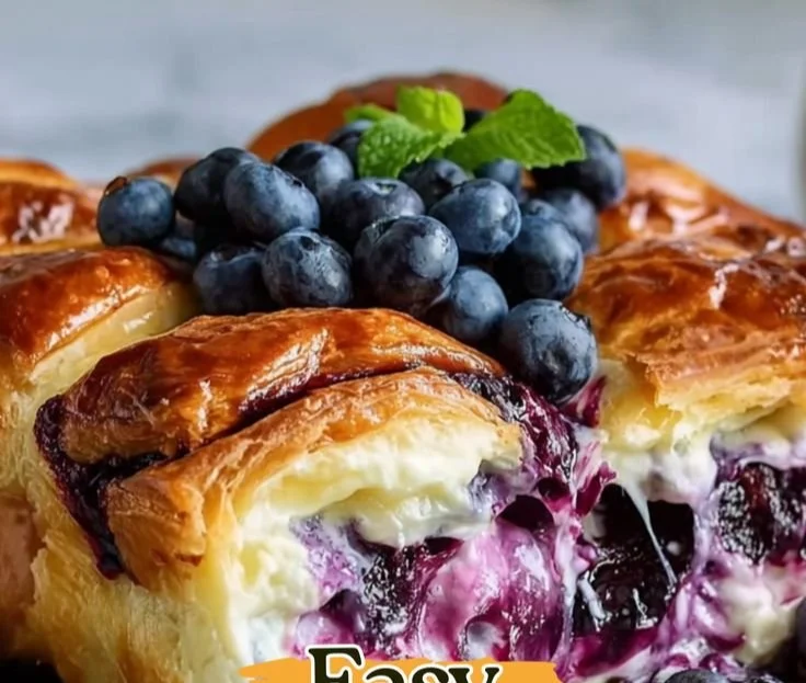 Delicious blueberry cream cheese croissant casserole topped with fresh blueberries