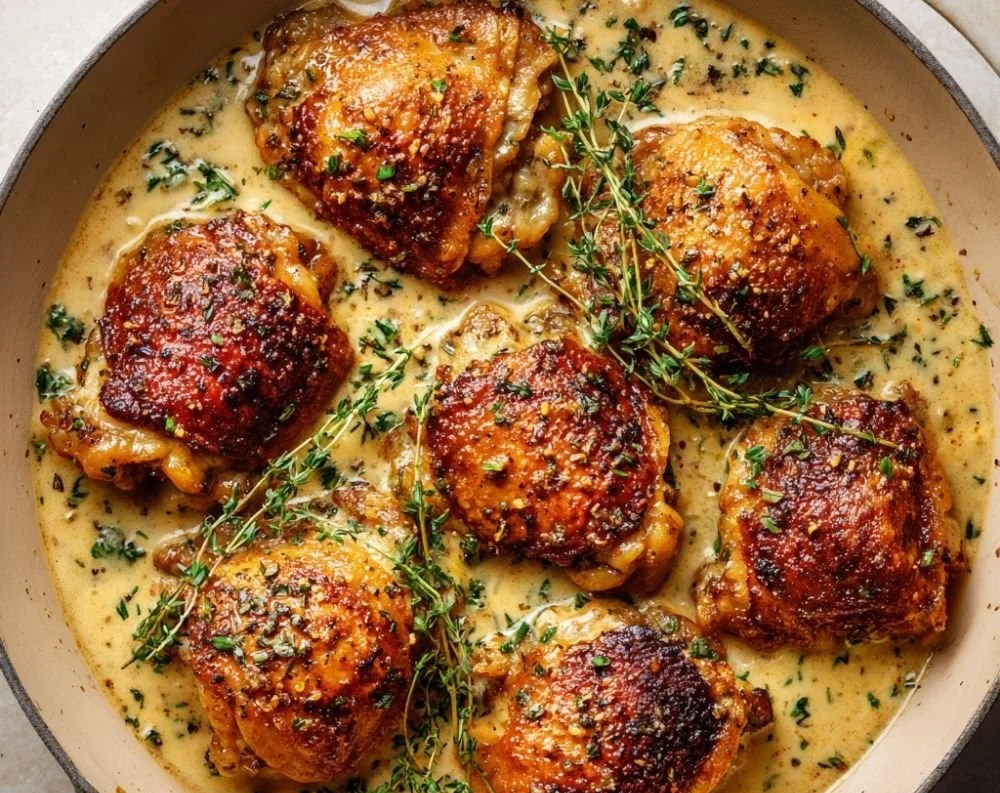 Bobby Flay's skillet chicken thighs in creamy garlic sauce