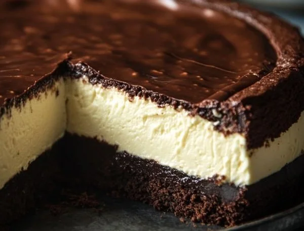 Decadent Brownie Cheesecake topped with chocolate and cream cheese frosting.