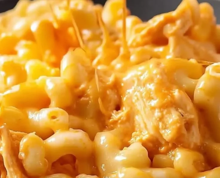 Creamy Buffalo Chicken Mac and Cheese with spicy chicken and cheese topping