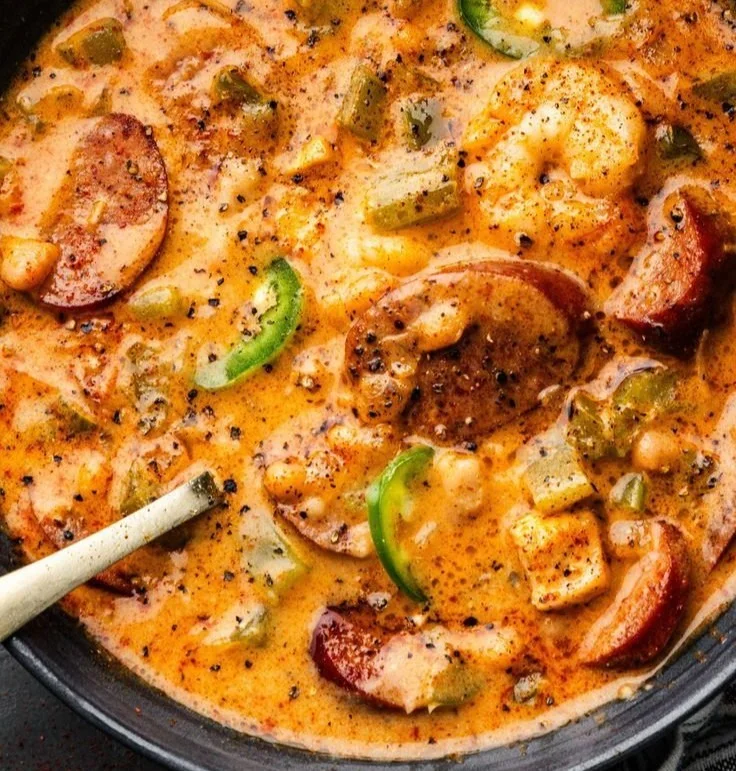 Bowl of Cajun White Chicken Chili topped with fresh herbs and spices