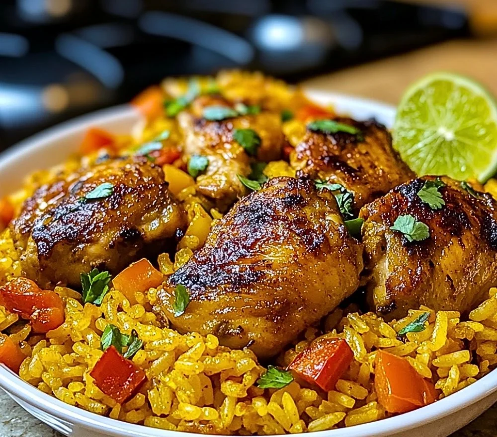 Delicious plate of Caribbean Chicken and Rice garnished with fresh herbs