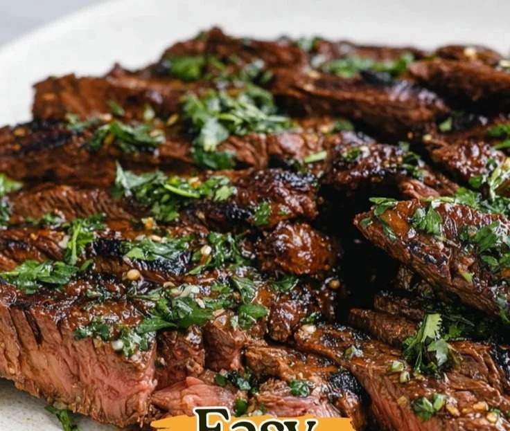 Grilled marinated skirt steak served with herbs and vegetables