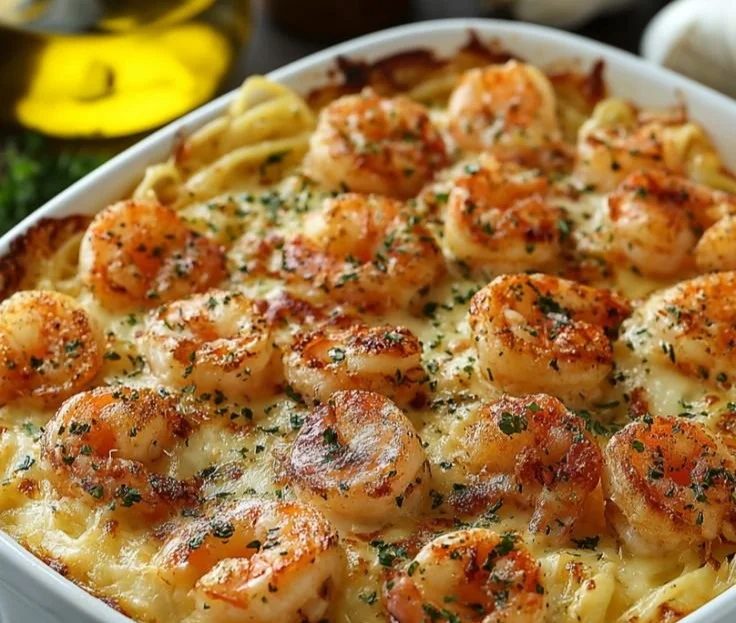 Cheesy shrimp scampi pasta bake garnished with fresh herbs and cheese.