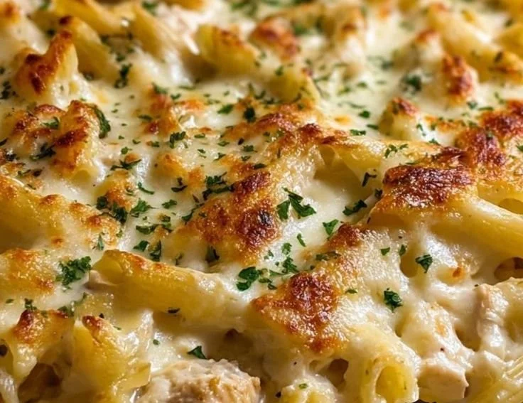 Delicious Chicken Alfredo Pasta Bake topped with cheese