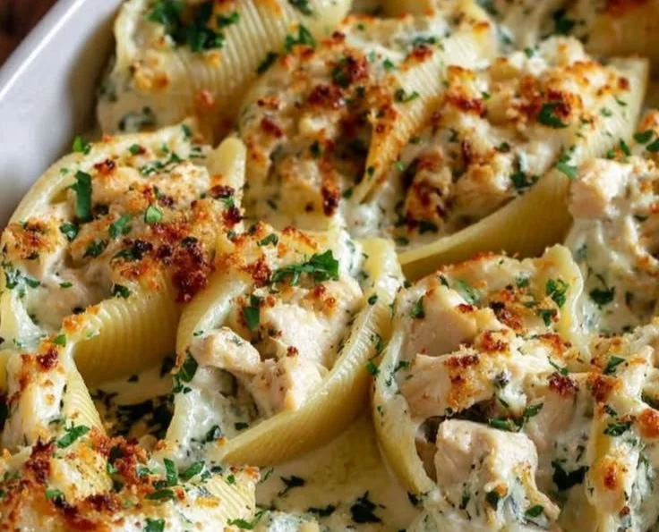Delicious Chicken Alfredo Stuffed Shells topped with cheese and herbs