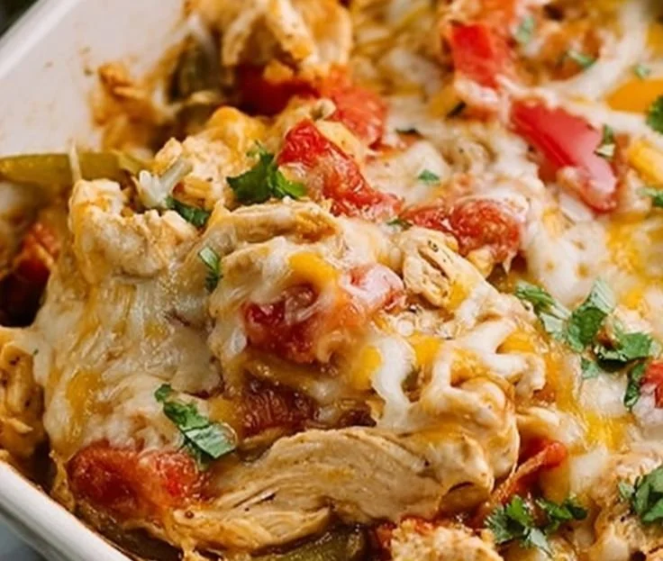 Chicken Fajita Casserole with colorful peppers and spices