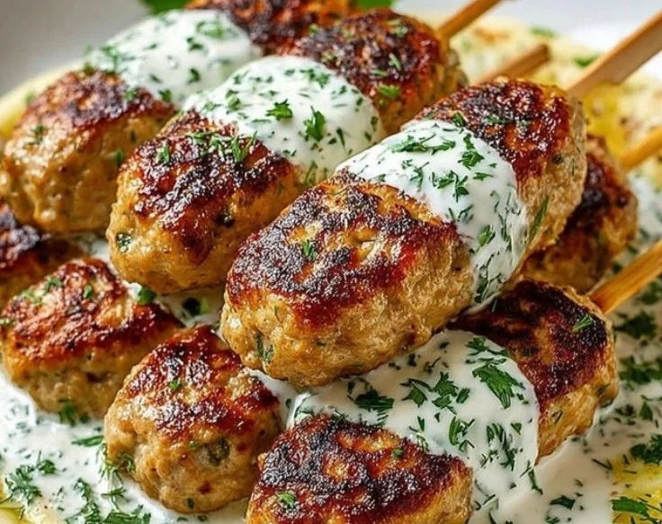 Chicken kofta with garlic yogurt sauce on a plate garnished with herbs