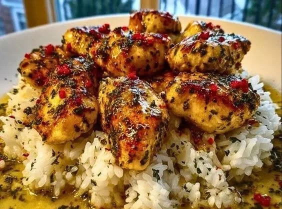 Delicious Chicken Scampi served with creamy garlic parmesan rice