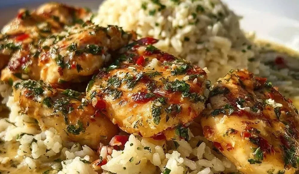 Delicious Chicken Scampi served with Garlic Parmesan Rice on a plate