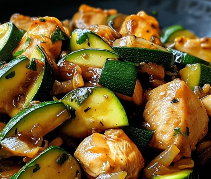 Delicious Chicken Zucchini Stir Fry dish with colorful vegetables.
