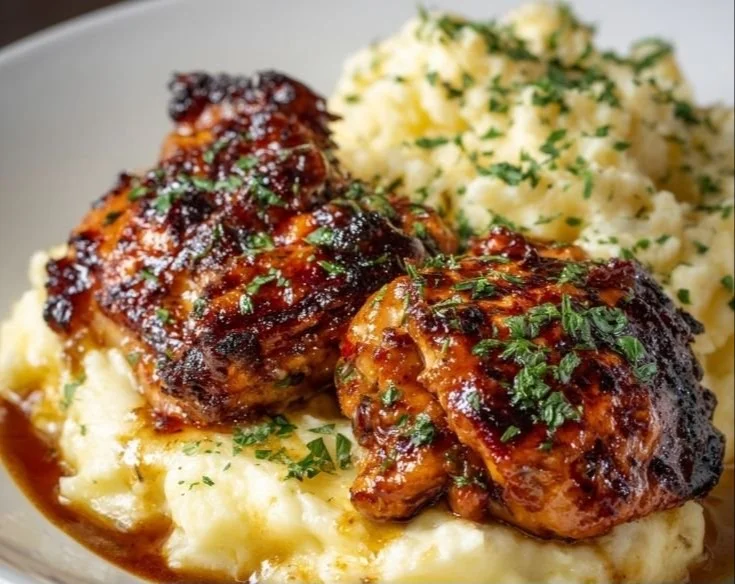 Plate of Chipotle Honey Chicken thighs with smoked Gouda mashed potatoes