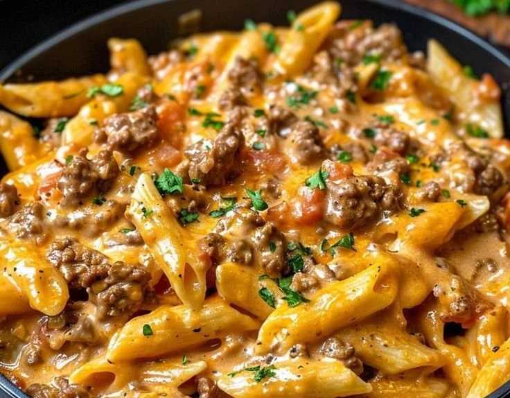 Creamy beef pasta served in a cozy bowl for a comforting meal.
