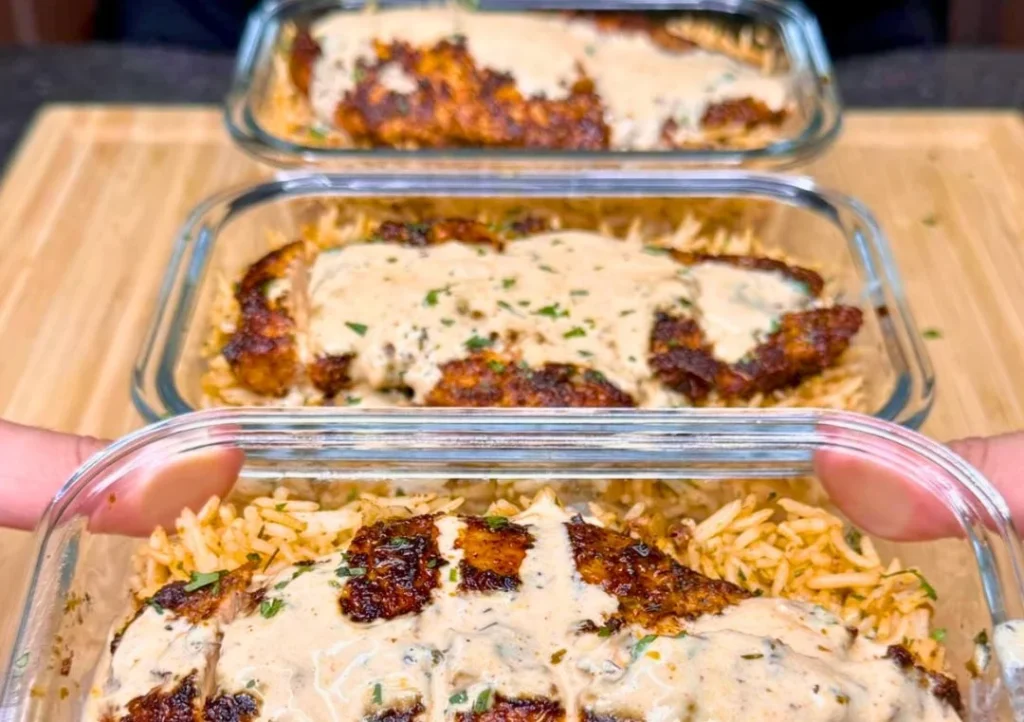 Creamy Cajun chicken and rice bowls served in a colorful dish