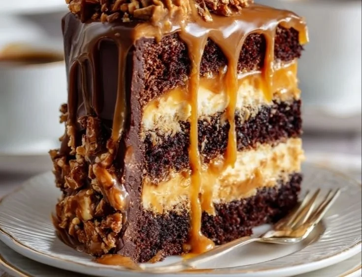 Creamy chocolate caramel toffee crunch cake sliced on a plate.