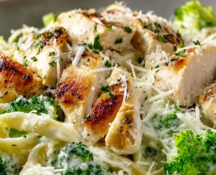 Creamy garlic chicken alfredo with broccoli served in a bowl