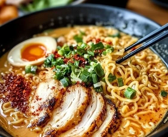 Delicious creamy garlic chicken ramen served in a bowl with toppings.