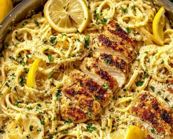 Plate of creamy lemon chicken pasta garnished with herbs