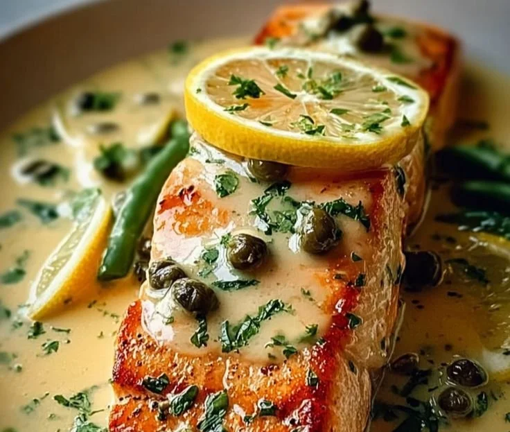 Creamy lemon salmon piccata served with fresh herbs and lemon slices