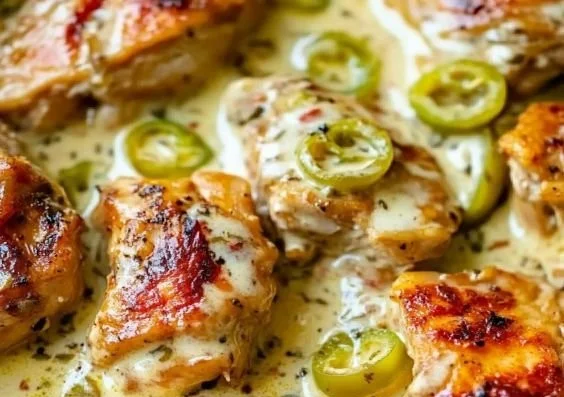 Creamy pepperoncini chicken skillet served with herbs and spices