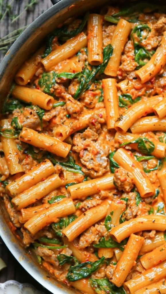 Creamy sausage rigatoni with spinach, garlic, and tomato cream sauce