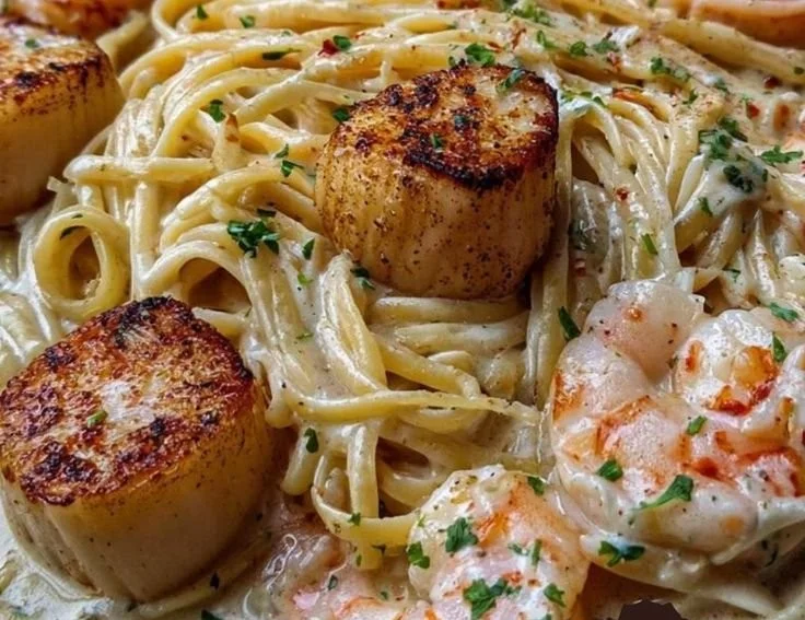 Creamy shrimp and scallop pasta dish garnished with herbs and served in a bowl.