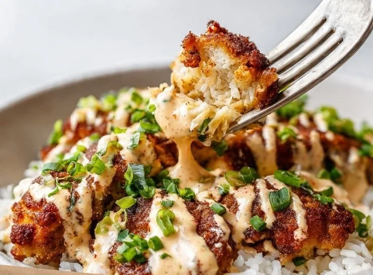 Delicious Crispy Cajun Chicken Rice Bowl plated with vibrant vegetables and spices