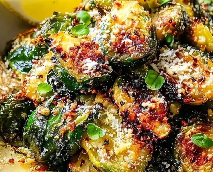 Crispy Garlic Parmesan Brussels Sprouts served in a bowl