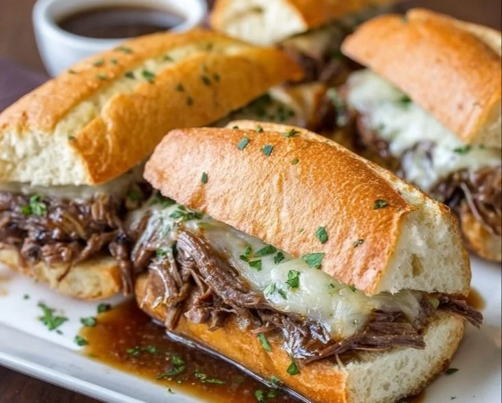 Delicious Crockpot French Dip Sandwiches ready to serve with melted cheese and beef.