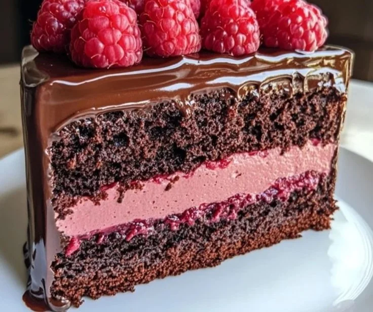 Slice of dark chocolate raspberry mousse cake on a plate with fresh raspberries