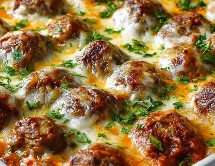 Delicious Dump-and-Bake Meatball Casserole with melted cheese on top