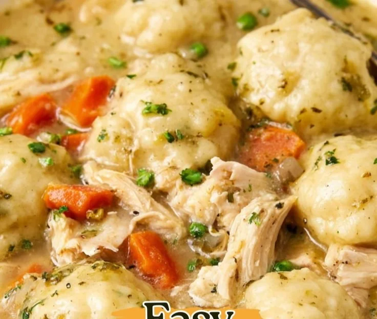 Bowl of easy chicken and dumplings ready to serve.