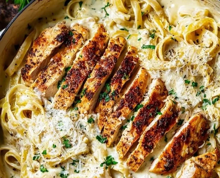 Delicious plate of Easy Chicken Fettuccine Alfredo topped with parsley