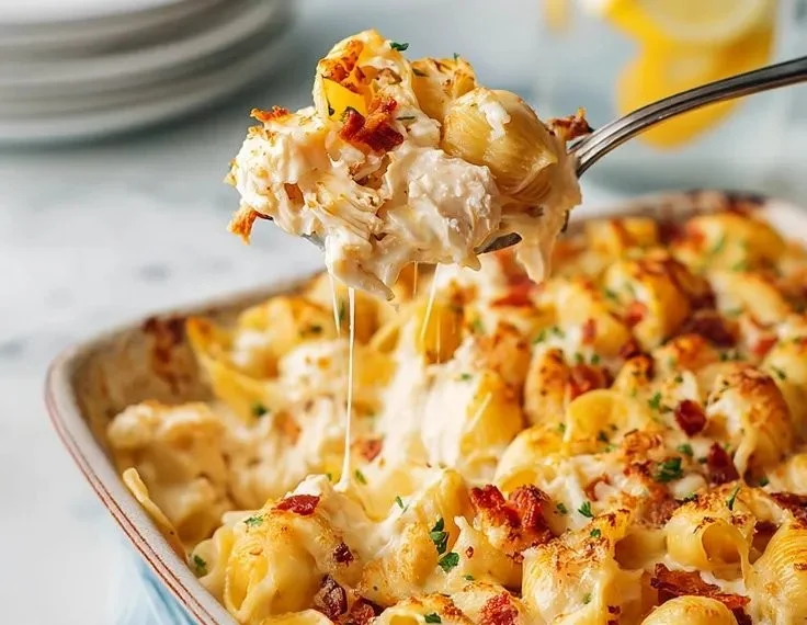 Delicious Easy Crack Chicken Casserole topped with cheese and herbs