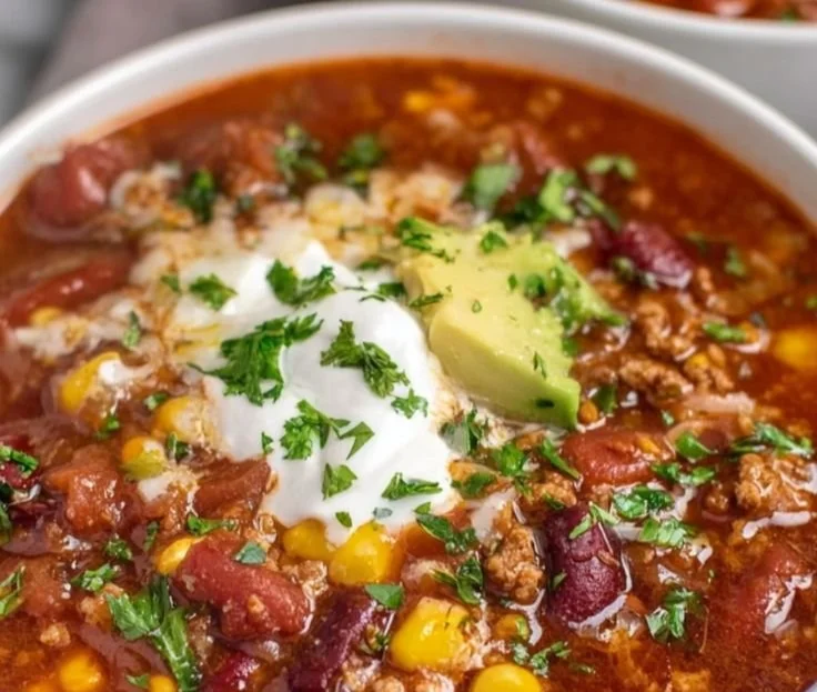 Bowl of easy high-protein taco soup garnished with cilantro and avocado