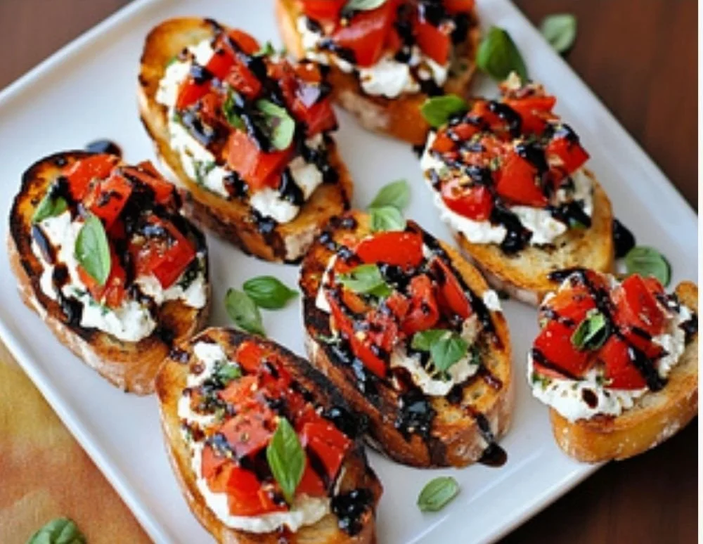 Delicious easy Italian bruschetta topped with fresh mozzarella and tomatoes