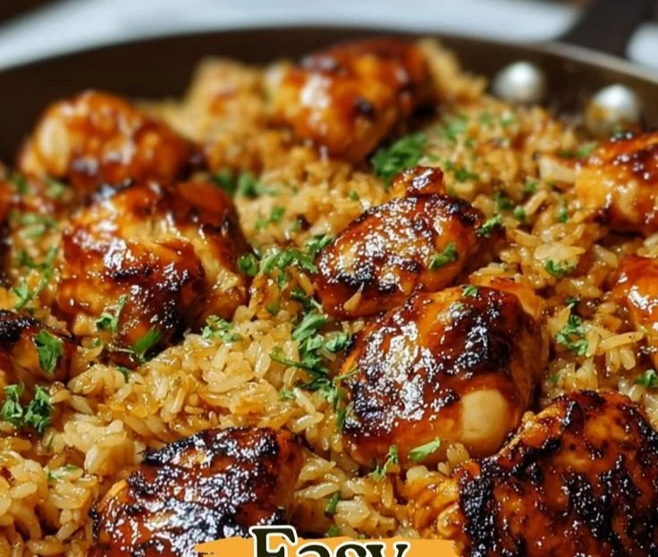 One-pan honey BBQ chicken and rice dish served on a plate