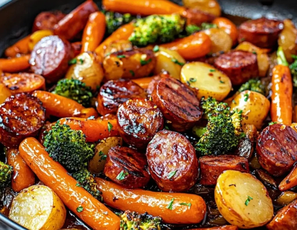 One-pan honey garlic sausage with colorful vegetables for a quick meal