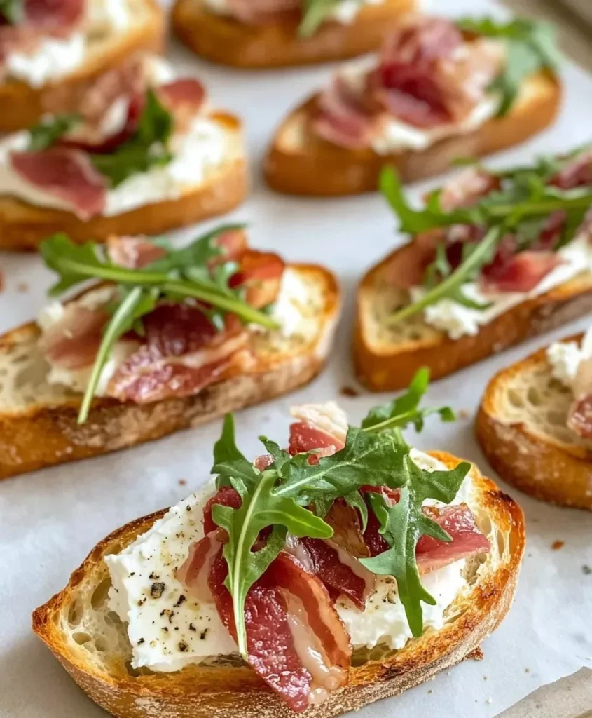 Delicious Fig-Jam Crostini with prosciutto on a rustic wooden board