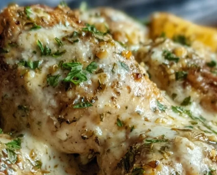 Garlic Parmesan Chicken prepared in a slow cooker with creamy sauce and herbs.