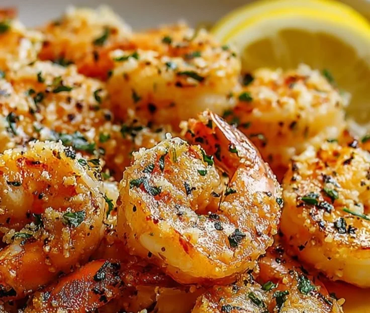 Plate of Garlic Parmesan Roasted Shrimp garnished with parsley and lemon