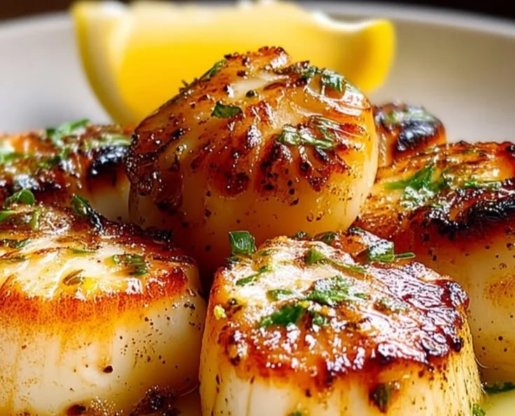 Gordon Ramsay's pan seared scallops beautifully plated with vegetables.