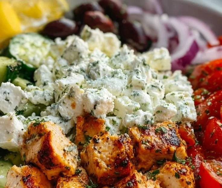 Delicious Greek chicken bowl with fresh vegetables and herbs