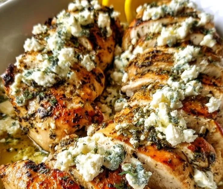 Delicious Greek chicken with lemon and feta, garnished and ready to serve.