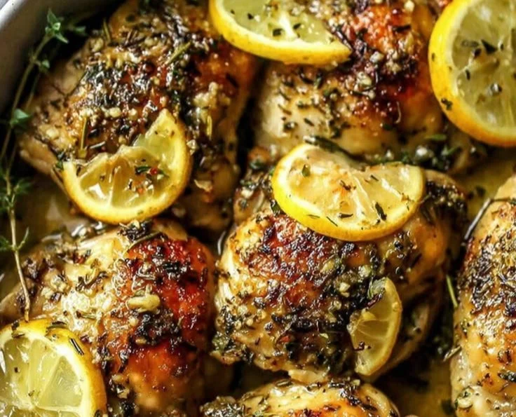Greek lemon chicken thighs garnished with herbs on a plate