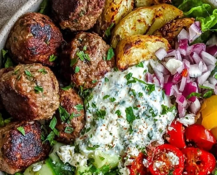 Delicious Greek meatball bowl with fresh ingredients and flavors